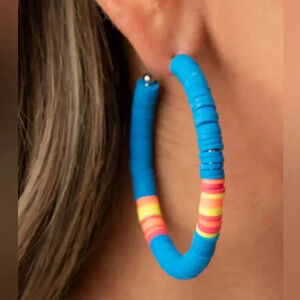 New Blue Yellow Oversized Beaded Disc Silver Hoop Earrings